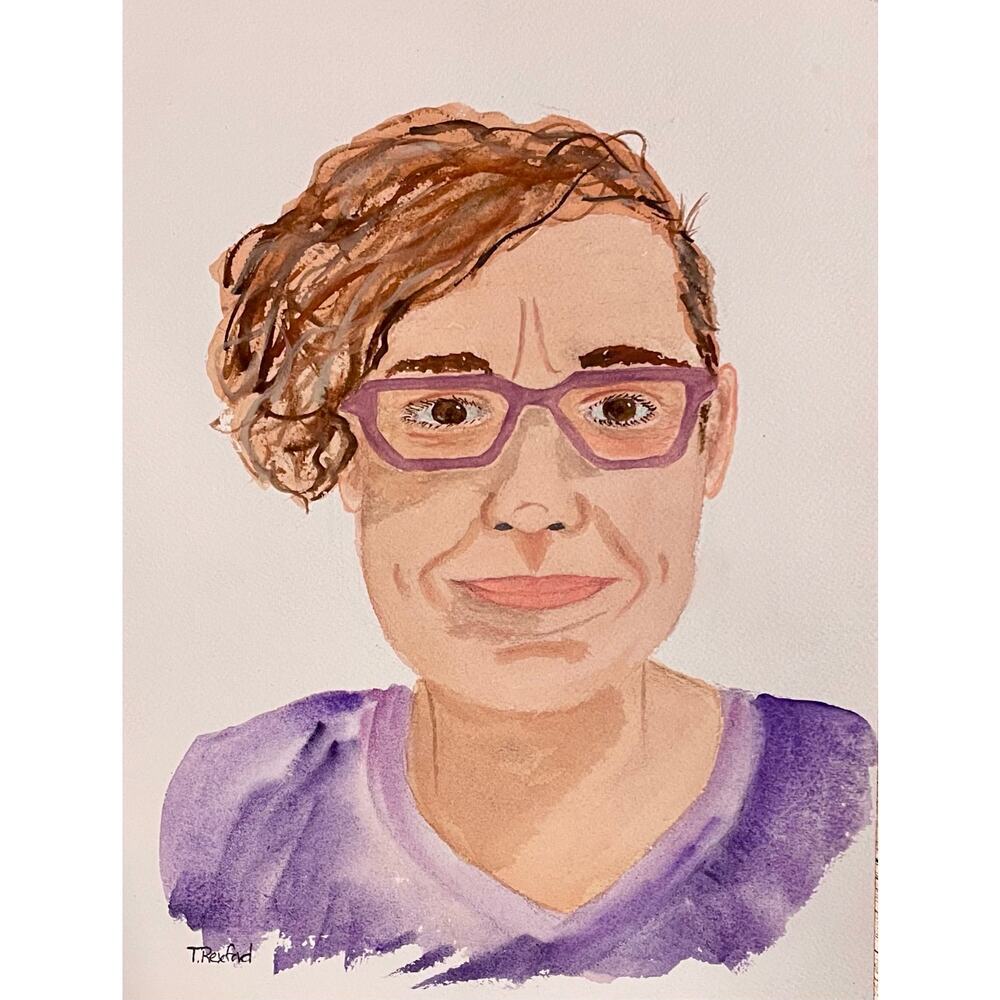 Hand painted watercolor original painting self portrait woman in tie dye